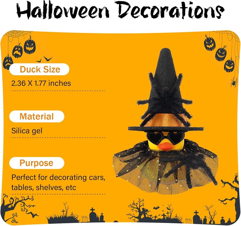 wonuu Car Dashboard Spider Witch Rubber Ducks for Halloween, Decorations Duck for Office Desk Ornament Accessories with Hat Glasses Skirt, for Halloween Party Gifts (Gold Point Skirt Orange) - Image 3